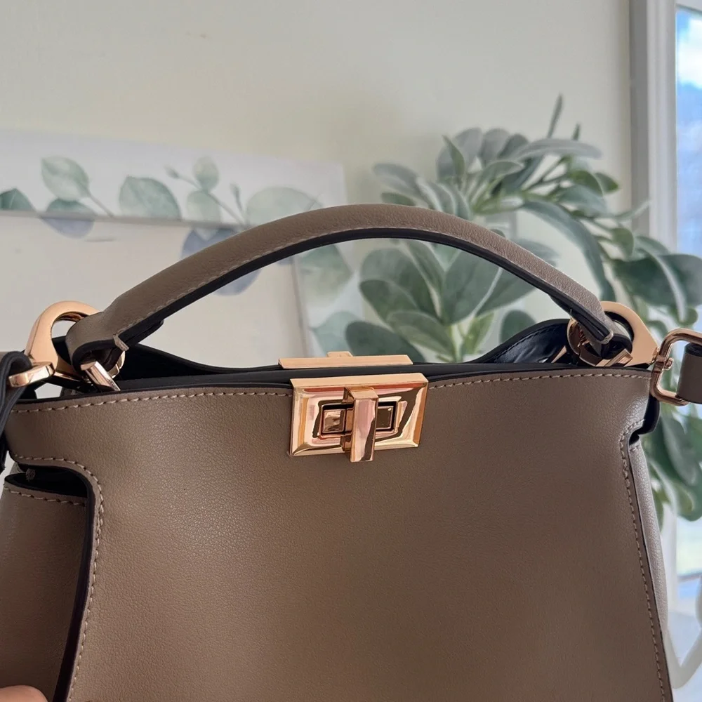Taupe Structured Top-Handle Satchel with Gold Turn-Lock - Picture 14 of 16